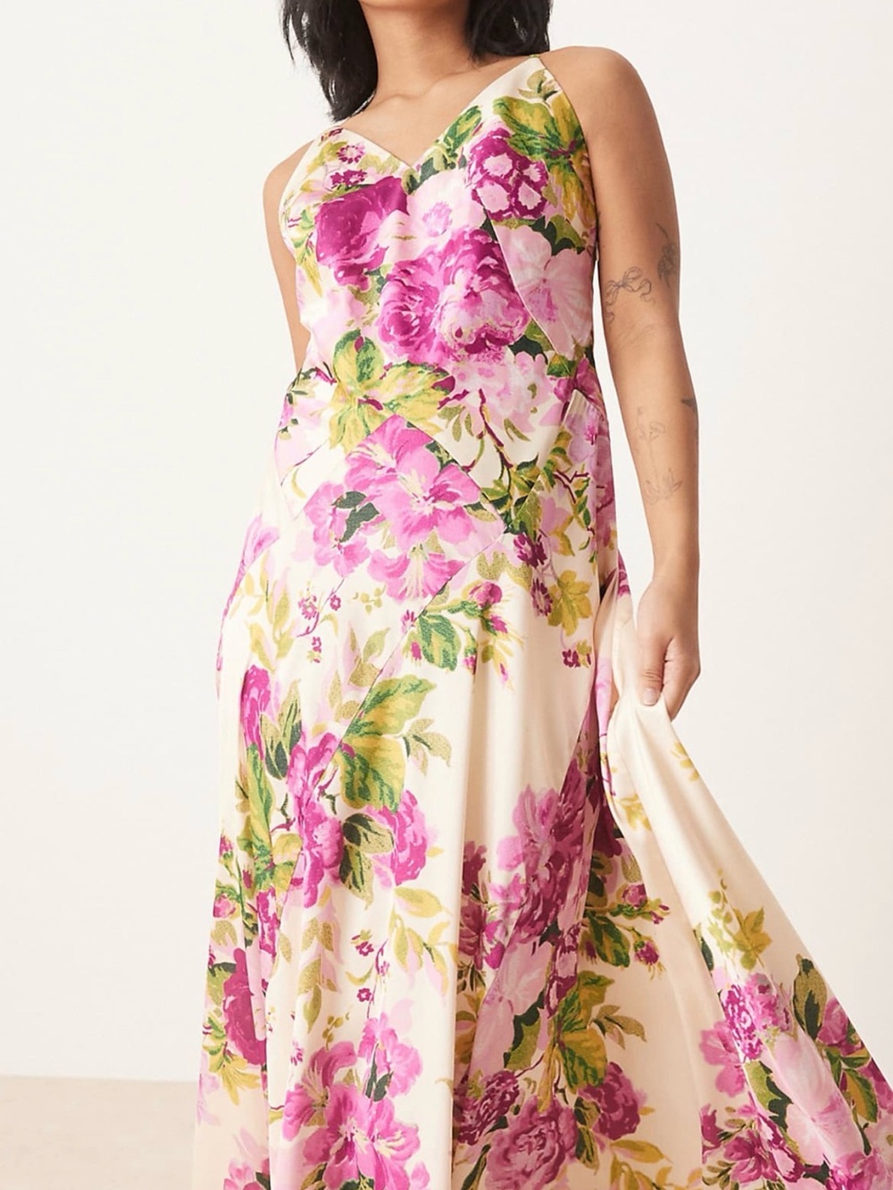 Floral Cream Maxi Slip Dress with Pink Rose Print